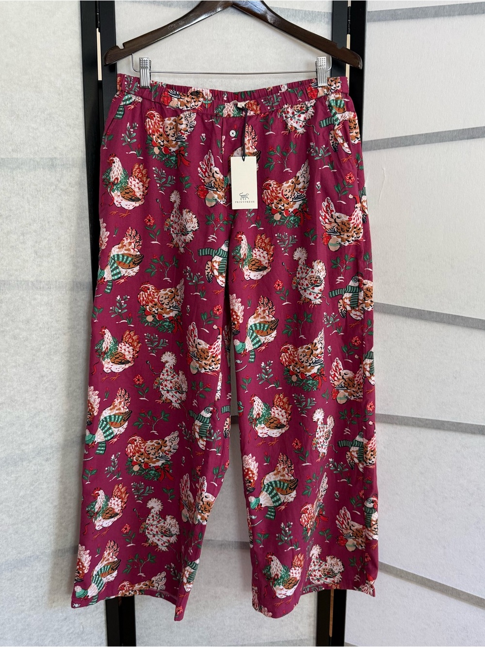 NWT Printfresh Holiday Hens Pajama Pants Burgundy Organic Cotton Poplin M